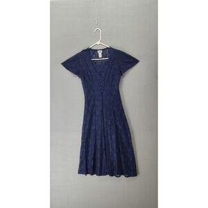 Basic Editions Womens Maxi Dress 5/6 Navy Blue Lace V Neck Short Sleeve Casual